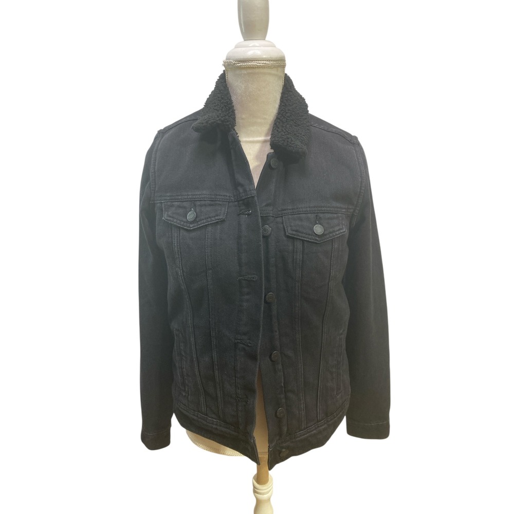 Old Navy Black Denim Jacket Sherpa Lined Tall Size‎ S Winter Button Front